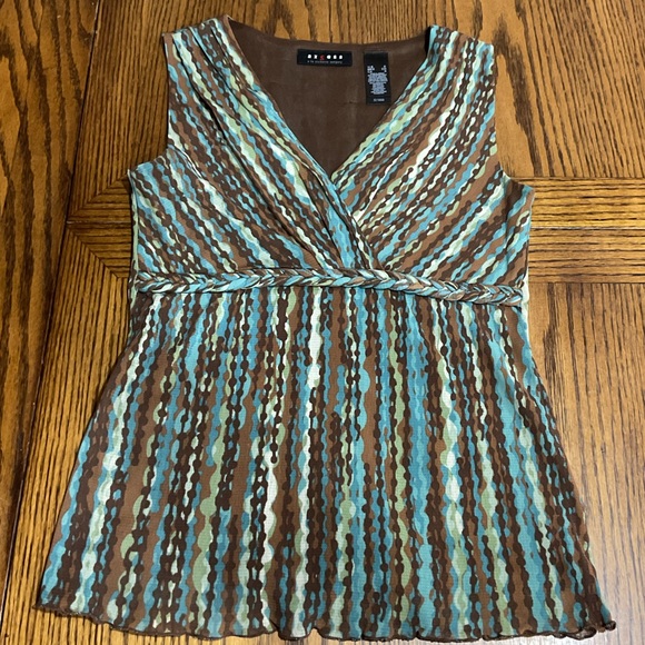 Axcess Tops - Aqua, brown & cream sleeveless top with braided bodice S
